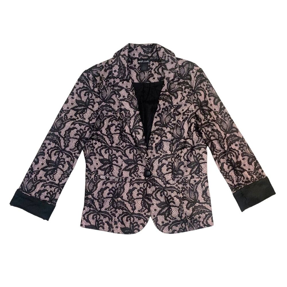Lace Pink Black Blazer Size Medium 3/4 Sleeve Jacket Floral Elegant Romantic